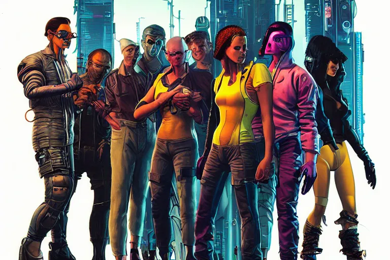 Image similar to cyberpunk heist crew. portrait by stonehouse and mœbius and will eisner and gil elvgren and pixar. character design. realistic proportions. dystopian. cyberpunk 2 0 7 7 character art, blade runner 2 0 4 9 concept art. cel shading. attractive face. thick lines. the team. diverse characters artstationhq..