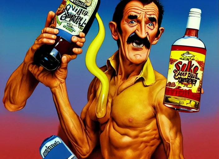Prompt: barry chuckle drinking a bottle of snake oil, snake oil advertisement from 1 9 8 8, artwork by richard corben, 3 d, high resolution 8 k