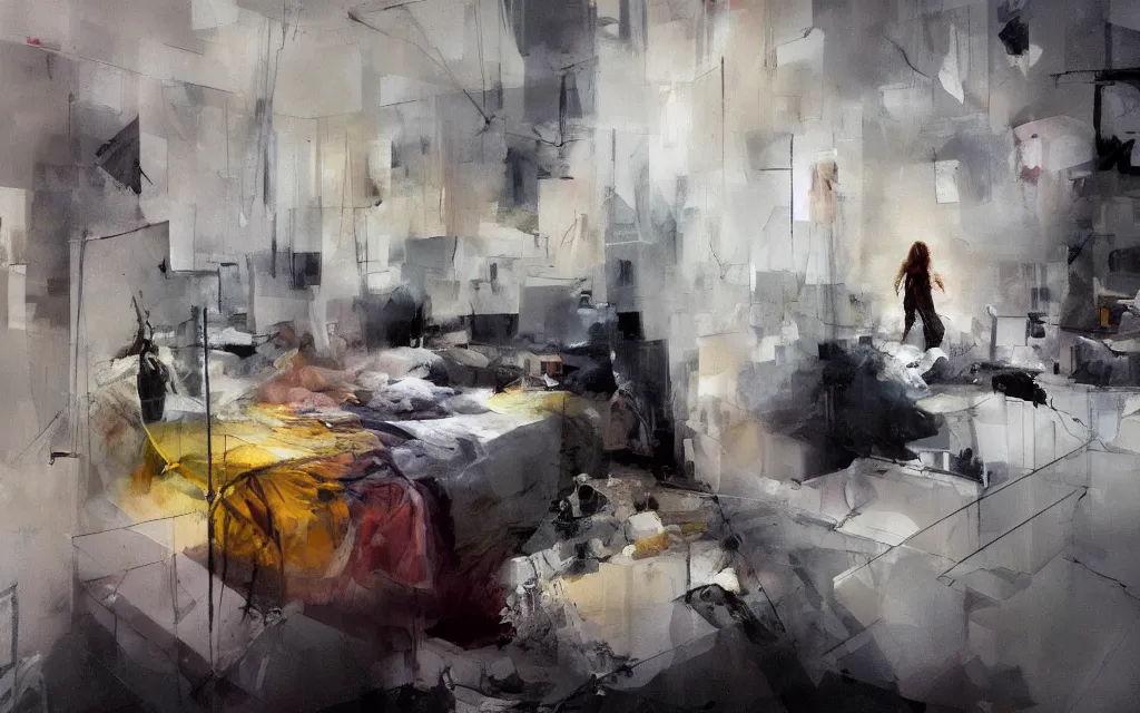 Prompt: a painting of dreaming in beds of the void empty desires rooms, light from the window casting her shadow dreams, style of adrian ghenie