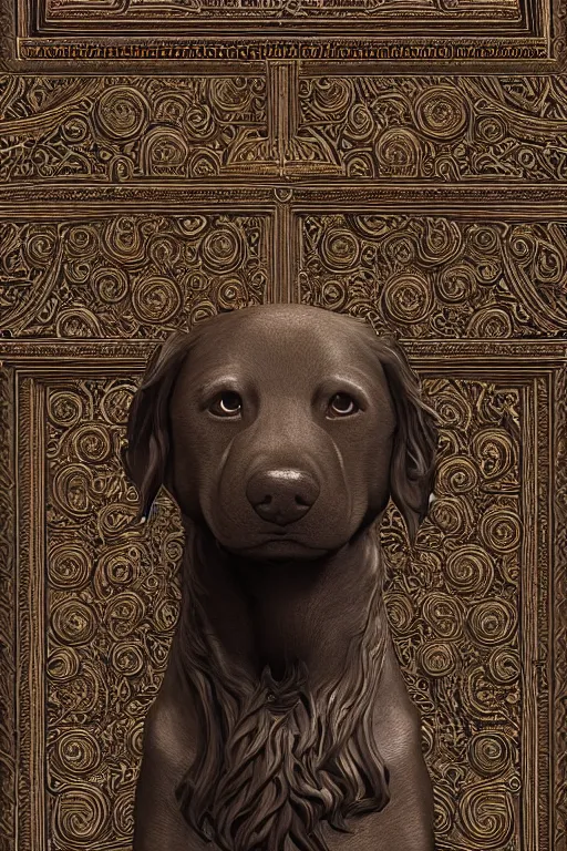 Prompt: Dog as a god, detailed face, statue, gorgeous, Delicate and intricate borders for decoration, amazing, flowing hair, muscular, fit, very muscular male body, crepuscular ray, intricate, highly detailed, 8K, digital painting, artstation, concept art, sharp focus, over-shoulder shot, illustration, art by greg rutkowski beeple and alphonse mucha