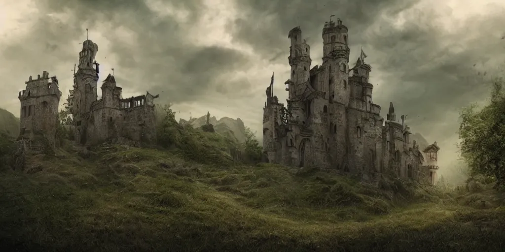 Image similar to matte painting, castle, dramatic landscape, overgrown, cinematic, overcast, lantern light