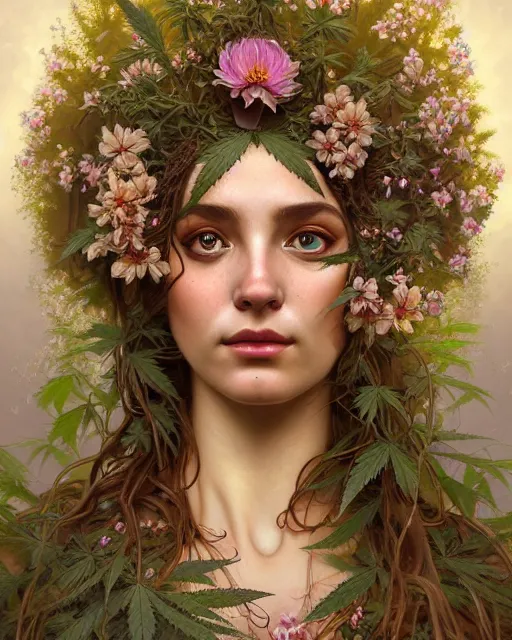 Image similar to portrait of goddess gaea, flowery face, upper body, decorated with cannabis flowers, intricate, elegant, highly detailed, digital painting, artstation, concept art, smooth, sharp focus, illustration, art by artgerm and greg rutkowski and alphonse mucha, 8 k