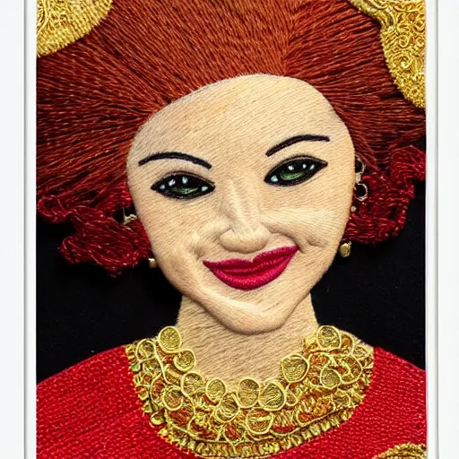 Image similar to Close up of a Highly detailed embroidery painting of a beautiful young woman with red hair, smiling, Thread material, Fabric, gold details, Emeralds, Golden thread, golden details, intricate details, intricate patterns 4k, 8k, HDR