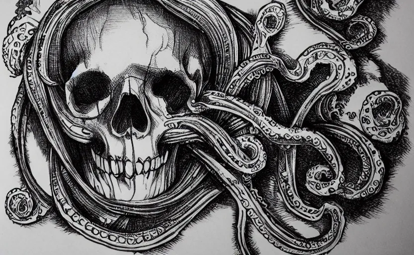 Image similar to a Skull encurcled by tentacles, ink on paper, crosshatch shading