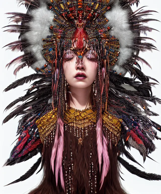 Prompt: a demon wearing beaded necklace and a feathered headdress, crisp 8 k line art, digital painting, artstation, unreal engine, octane render, emissive lighting, concept art, matte, sharp focus, hyper realistic lighting, illustration, art by junto ito and takato yamamoto and philippe druillet