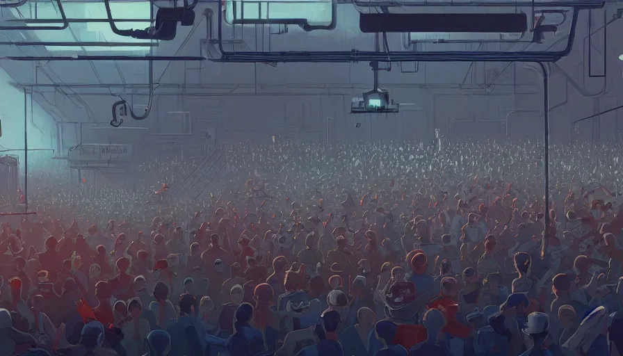 Prompt: a beautiful highly detailed matte painting close up of a crowd watching a boxing match with robots in a factory, punk styling by atay ghailan, cliff chiang, loish and goro fujita, silver, silver, brown, black, blue and cyan mystical tones, featured on artstation, featured on behance, grunge aesthetic