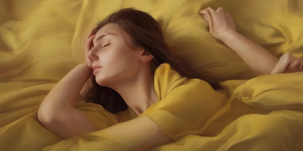 Image similar to beautiful oil matte portrait painting, young woman with closed eyes lying on a red bedsheet with blue pillows wearing a mustard yellow dress, detailed face, wonderful masterpiece highly detailed, beautiful cinematic light deep focus, elegant, digital painting, smooth, sharp focus, golden ratio, dramatic illumination, ultra realistic, 8 k, art by jimmy law