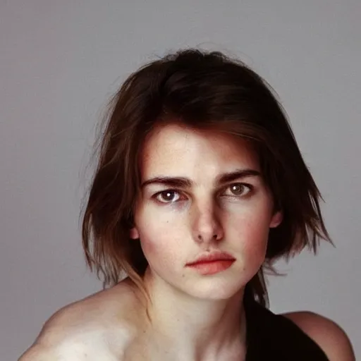 Image similar to a portrait photo of 20 year old female tom cruise, with a sad expression, looking forward