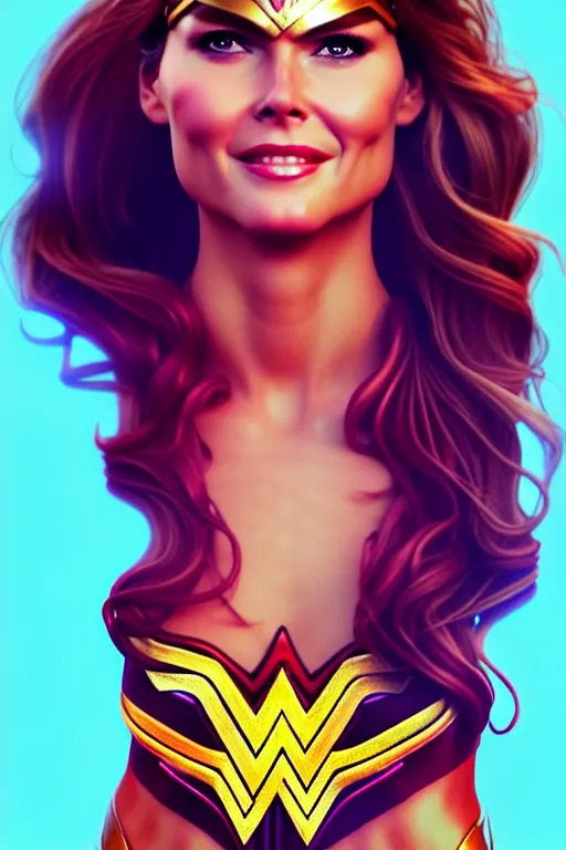 Image similar to portrait of a mix of beautiful young maria shriver, mariel hemmingway, brooke shields and elle macpherson as wonderwoman, thin lips, hair tied up in a pony tail, colorful artstation, cgsociety