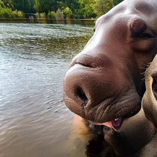 Prompt: photo of dog an hippopotamus taking a selfie