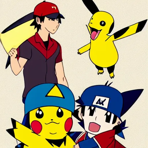 Image similar to pikachu and ash ketchum having a pillow fight, anime