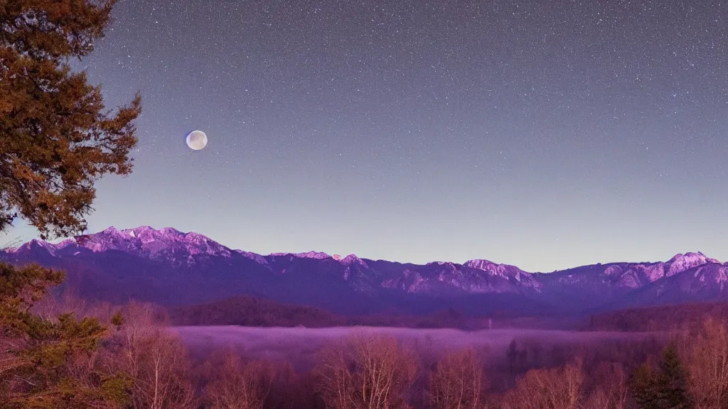 Image similar to Panoramic photo where the mountains are towering over the valley below their peaks shrouded in mist. The moon is just peeking over the horizon and the purple sky is covered with stars and clouds. The river is winding its way through the valley and the trees are light blue.