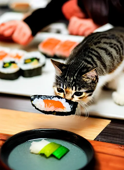 Image similar to clear photograph of cute cats stealing sushi from sushi plates