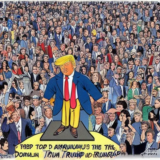 Prompt: enoumous crowd of millions of people, everyone is laughing and pointing at donald trump standing on a podium with no pants. style of the far side.