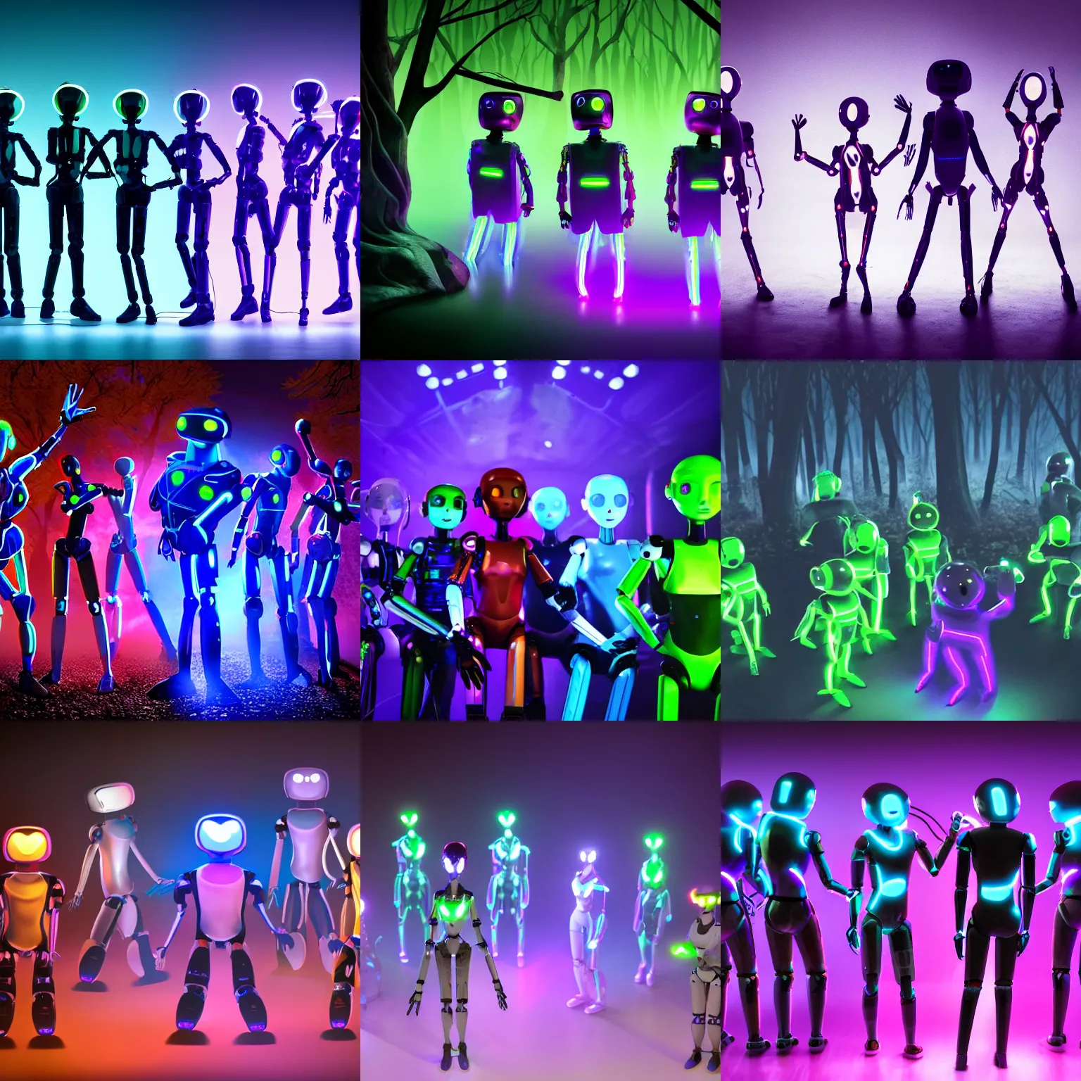 Prompt: 8 humanoid robots dancing in a dark forest with neon light / they looking at the camera / playstation 5 / cinematic