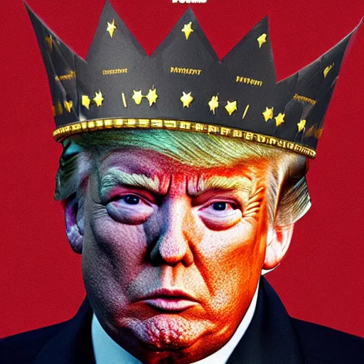 Prompt: cinematic front shot, donald trump as a knight, shinning armor, knights armor, donald trumps sexy face, intimidating pose, donald trump wearing a crown, hyperrealistic render, by hans thoma