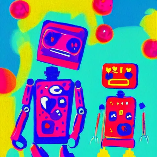 Prompt: robot love at first sight, dreamy, colourful