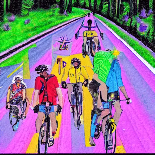 Image similar to hoffman bicycle trip, blotter art, in the style of lisa frank