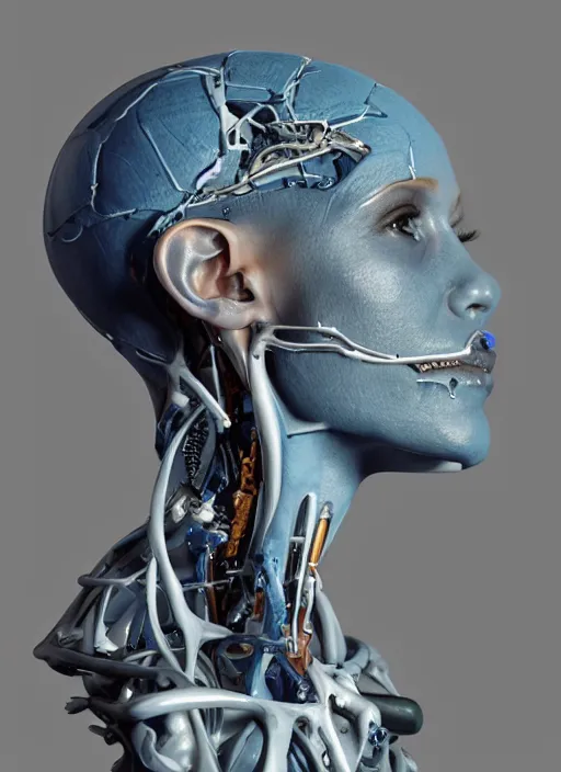 Image similar to a bust sculpture of anatomical detailed cyborg, meghan markle, blue blood, become human, ceramic base, orthographic, studio lighting