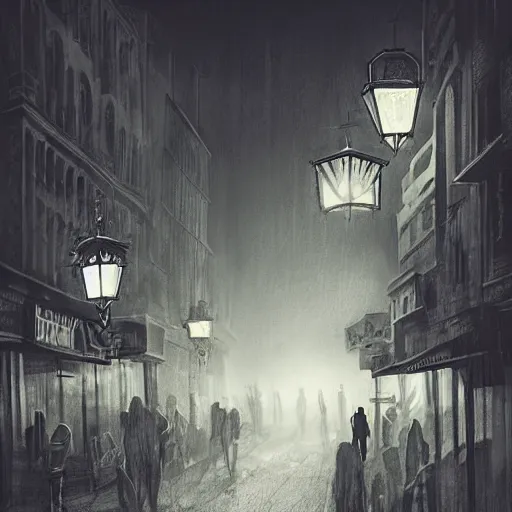 Prompt: fantastic dark vampire city, lights in the dark, lanterns, cityscape, fog, people in the streets, sharp roofs, smoke, by greg rutkovski