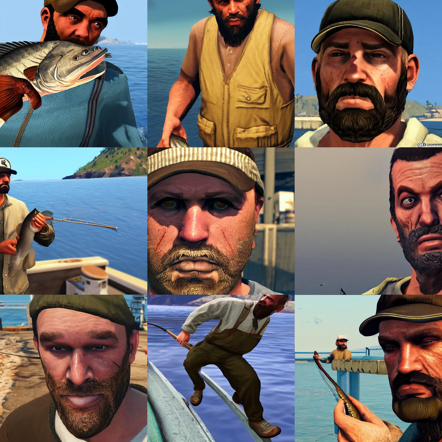 Prompt: 30-year old bearded fisherman caught fish, GTA V character, detailed, closeup