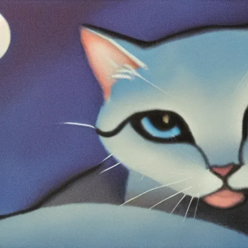 Prompt: The blue cat looking out of the window at night