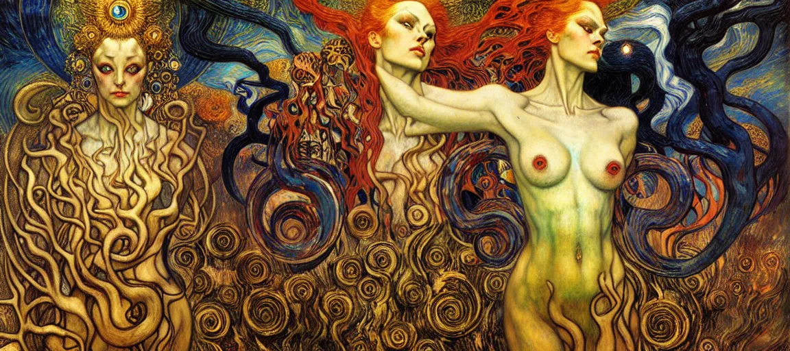 Image similar to Divine Chaos Engine by Karol Bak, Jean Delville, William Blake, Gustav Klimt, and Vincent Van Gogh, symbolist, visionary