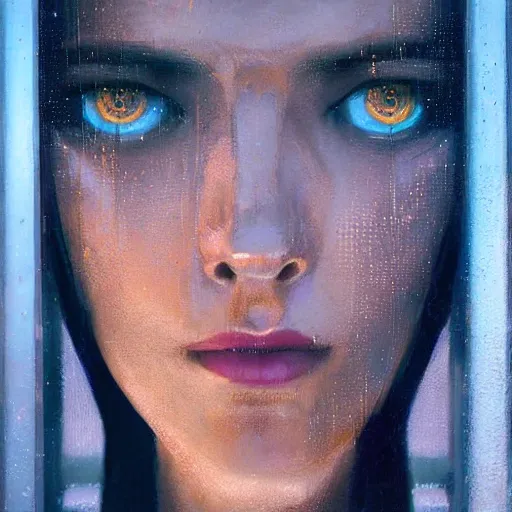 Image similar to detailed face of a woman, moment, cyberpunk cloisters, electronic billboards, tech noir, wet reflections, prism, atmospheric, ambient, pj crook, syd mead, livia prima, greg rutkowski, edward hopper