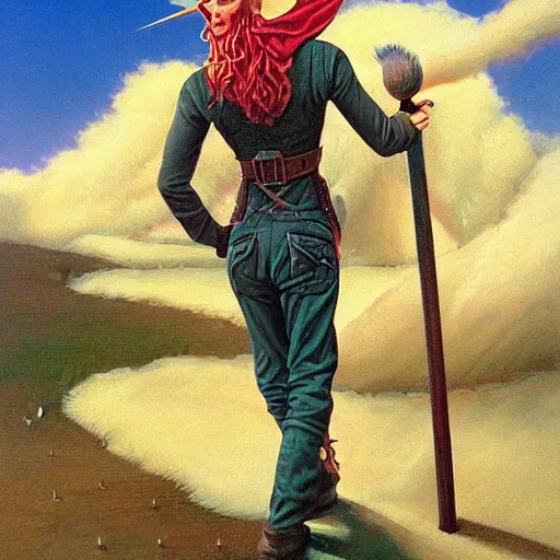 Image similar to an elf with spiky blonde hair wearing dark brown overalls and holding dynamite. painting by Gerald Brom