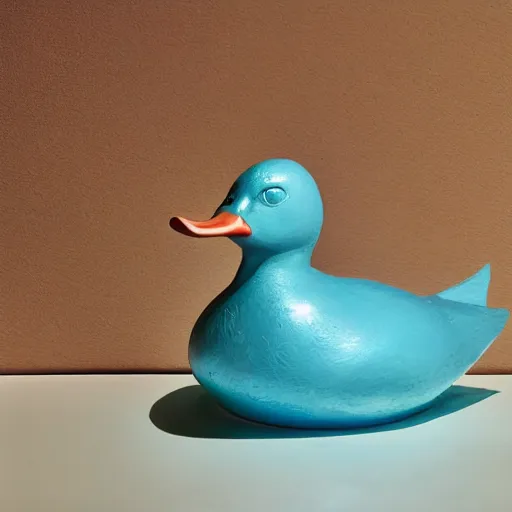 Prompt: a sculpture of duck made of water, a painting in background, studio lighting