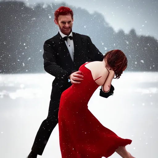 Prompt: a beautiful couple dancing tango in a frozen lake, girl wears a red dress, trending Artstation, smooth, snow weather, illustration, romantic , octane render