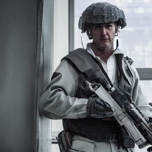 Image similar to Saul Goodman wearing heavy modern military gear and (holding a machine gun), highly detailed, 4k