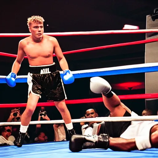 Image similar to jake paul vs mohammed ali, brutal boxing match, sports photography, sweat flying, hd high detail, professional photo