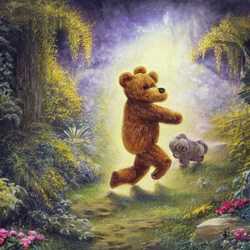 Prompt: breathtaking detailed concept art painting of a teddy bear chasing will-o-wisp in the garden, orthodox saint, ornate background