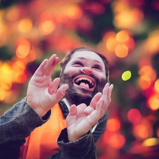 Prompt: happy world 50mm award winning photo of a person being happy dramatic photo, emotional, laughter and glee, inspiration, beautiful photography, cinematic, close up,