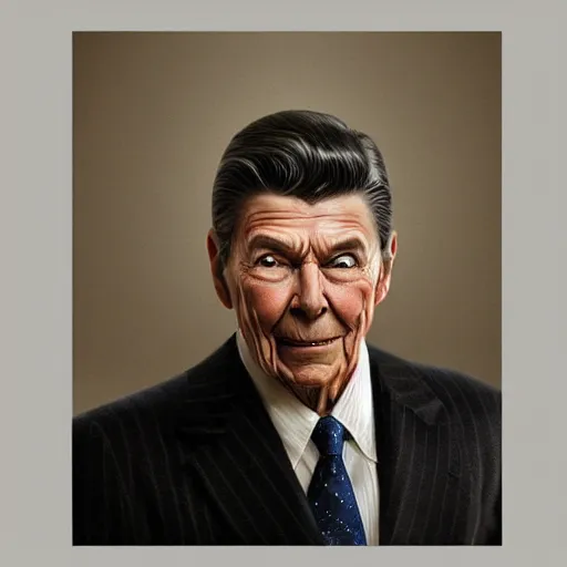 Image similar to gay ronald reagan, smooth, focus, highly detailed, hyper realistic, dramatic lighting, intricate, concept art, art by wlop, mars ravelo