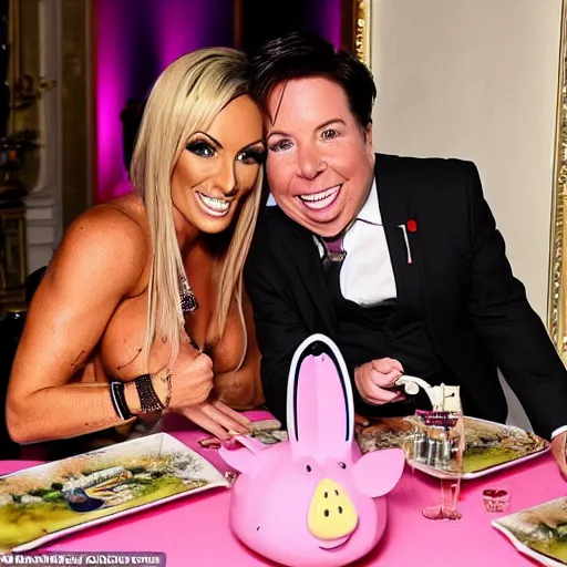 Prompt: jodie marsh aiming a gun at Michael mcintyre & pepper pig tea at the ritz