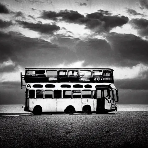 Prompt: A rusty bus going through the ocean, album cover from 1970