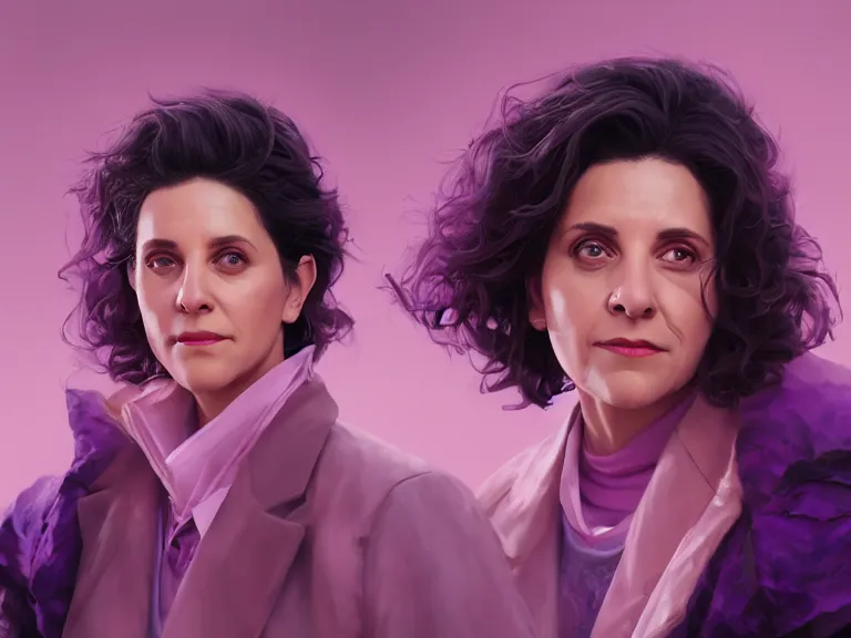 Image similar to portrait of elaine benes from seinfeld, rule of thirds, violet gradient, photorealistic facial features, league of legends splash art, by chengwei pan, huang guangjian, viktoria gavrilenko, artgerm, greg rutkowski, 8 k, octane, digital painting, artstation