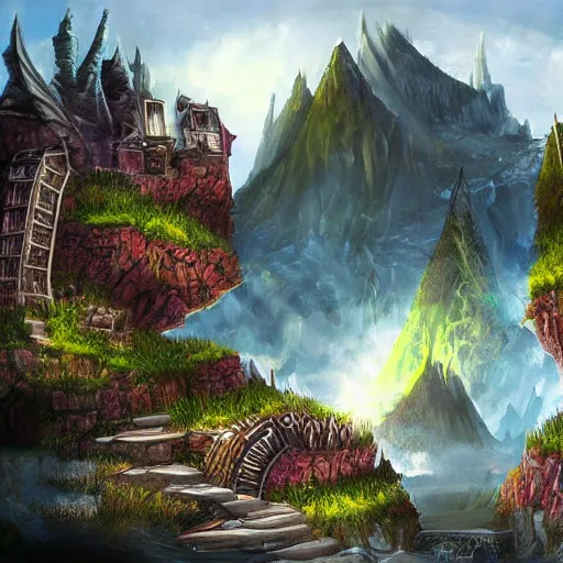 Prompt: fantasy stream punk city built into the side of a large mountain. high quality, realistic painting