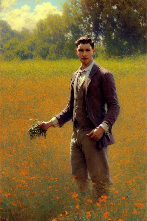 Prompt: attractive man in flower field, painting by gaston bussiere, craig mullins, j. c. leyendecker, ghibli style