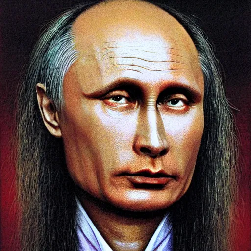 Image similar to vlad putin became stupid imbecile retard degenerate photo - realistic, color image, hyper realistic, 2 k, highly detailed, occult art, by giger, fractal structure