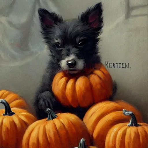 Prompt: a cute puppy amidst piles of pumpkins. halloween autumn fall art. beautiful painting by henriette ronner - knip and artgerm and greg rutkowski