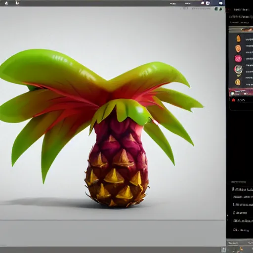 Prompt: a pokemon that looks like a nepenthes, with a pineapple hair, digital art. trending on art station, unreal engine.