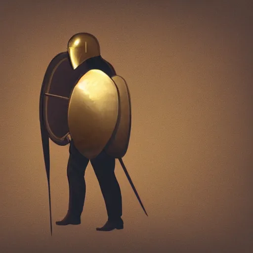 Image similar to man with sword, digital illustration, richard kane - ferguson, helmet, shield, sepia tone, golden hour, windy, gouache, wavy