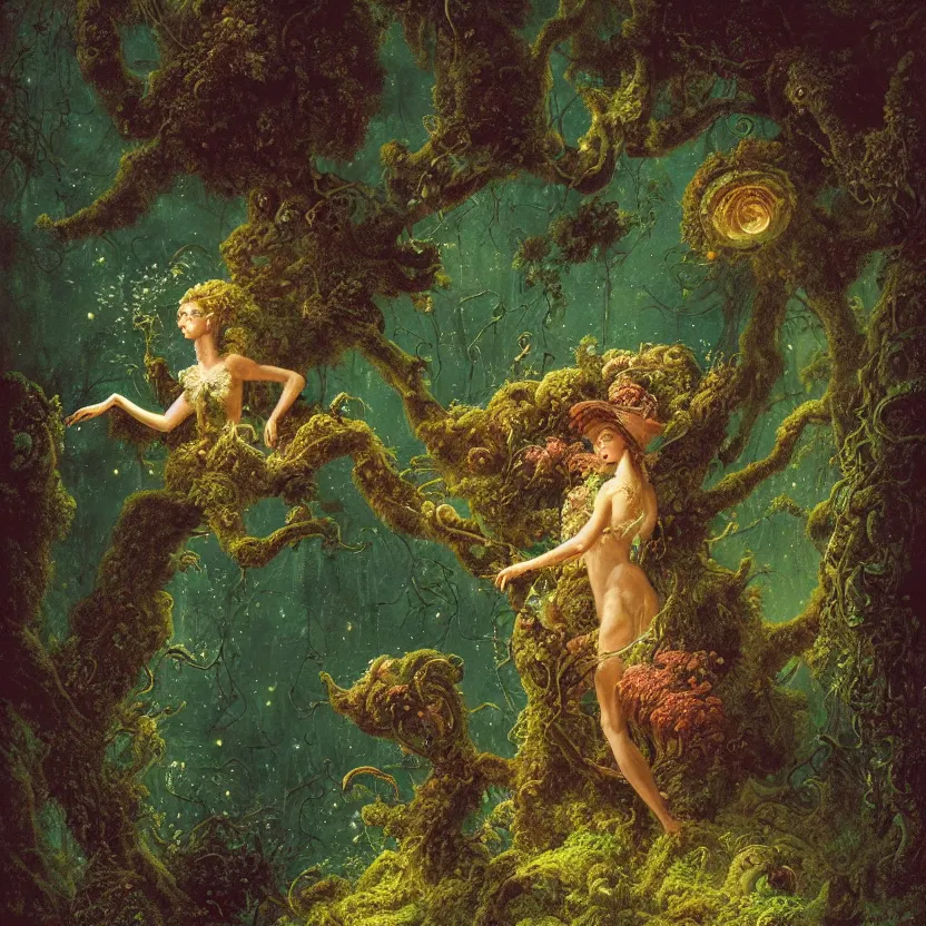Prompt: a close - up rococo portrait of a futuristic iridescent mushroom alien elf - like creature standing in water, moss, and swamp. fireflies night time. rich colors, high contrast. gloomy, highly detailed 1 8 th century sci - fi fantasy masterpiece painting by jean - honore fragonard, moebius, and johfra bosschart. artstation