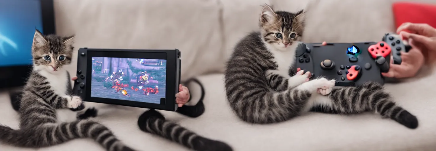 Image similar to a cute kitten playing a video game on an nintendo switch while sitting on the couch