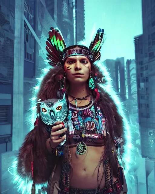 Prompt: Beautiful art portrait of a cyberpunk native american female owl shaman in city at night, cyberpunk aesthetic, atmospheric lighting, intricate detail, cgsociety, hyperrealistic, octane render, RPG portrait, ambient light, dynamic lighting,