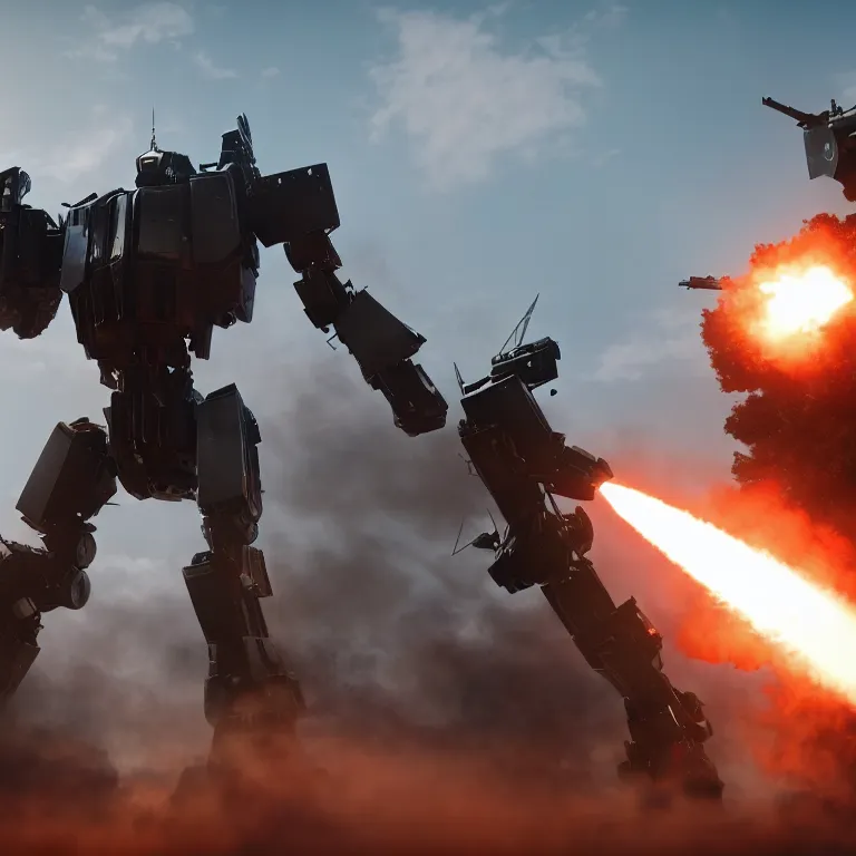 Image similar to Giant police mech fires rockets at helicopter,cinematic lighting, highly detailed, 4k octane render