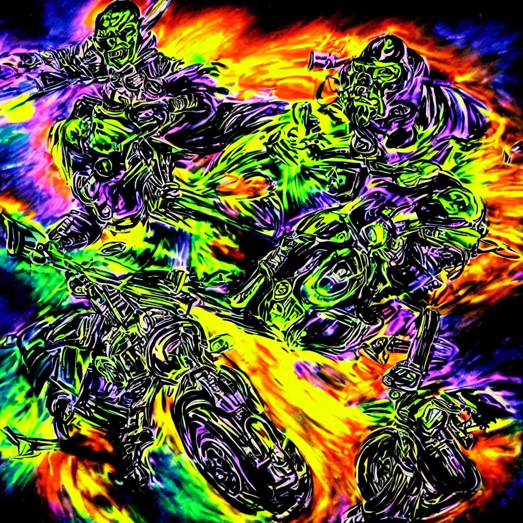 Image similar to psychedelic blacklight airbrush artwork, hyper stylized action shot of an orc biker riding a motorcycle, airbrushed on a black background